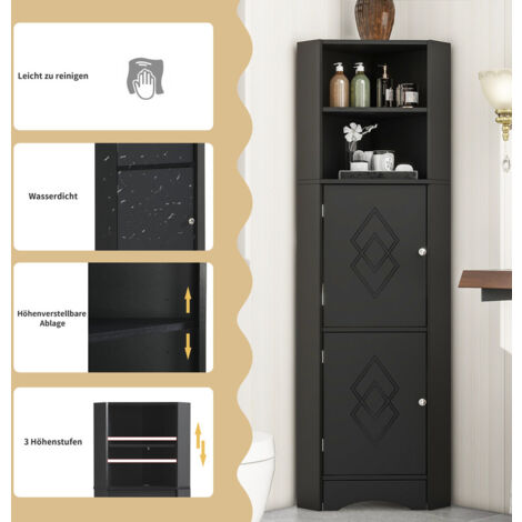 Meuble de salle de bain 36,5 x 36,5 x 155 cm, meuble de salle de bain, meuble d'angle avec deux compartiments de rangement, compartiment ouvert avec étagère réglable, noir (1/5)
