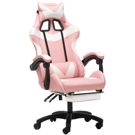 Chaise de jeu, chaise de bureau réglable en hauteur avec fonction d'inclinaison réglable, avec oreilles de chat et appui-tête avec support lombaire et repose-pieds (1/5)