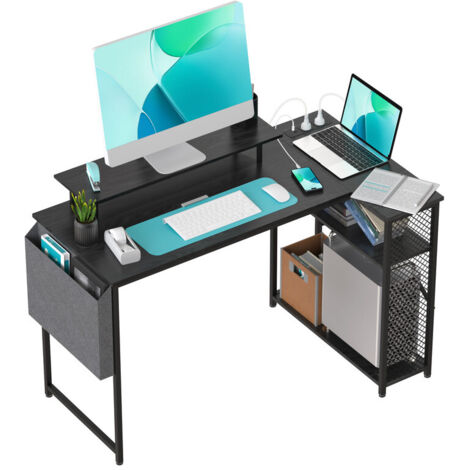 Bureau d'angle gaming en forme de L (100x70x75 cm) avec étagère pour écran, prise électrique et port USB, finition bois noir