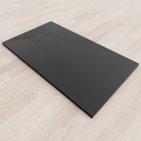 SMC Duschwanne Duschtasse mit Anti-Rutsch Flach mit Steinoptik Schwarz inkl. Ablaufgarnitur 140x80 cm