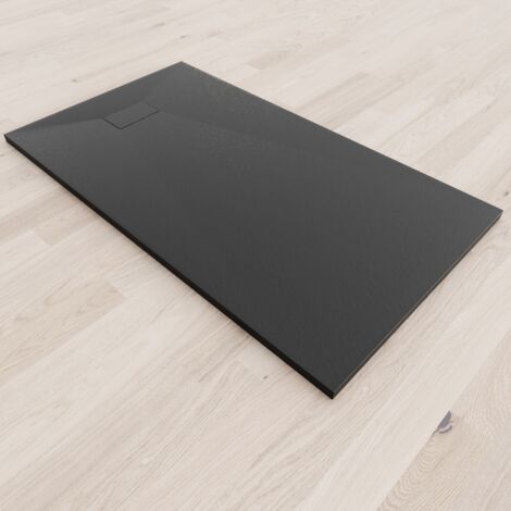 SMC Duschwanne Duschtasse mit Anti-Rutsch Flach mit Steinoptik Schwarz inkl. Ablaufgarnitur 160x90 cm