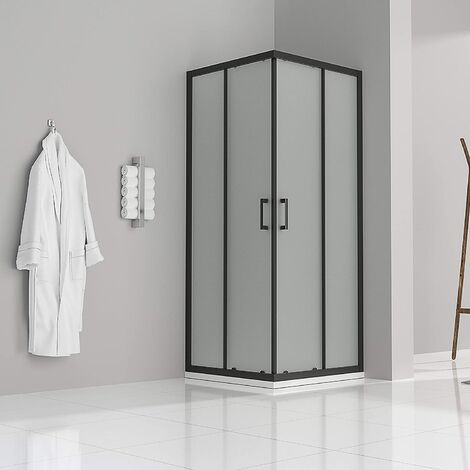 Duschkabine mit Schiebetüren Eckdusche mit Rollensystem aus satiniertem ESG Glas 190cm Hoch mit schwarzen Profilen DK79 80x95 cm