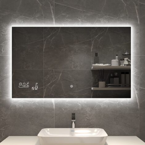 byecold LED Badspiegel Antibeschlag 100x60CM, Beschlagfreier Badezimmerspiegel mit Touchschalter, Wandspiegel Lichtspiegel mit Datum, Smart Mirror & integrierter Wetterstation, Horizontal