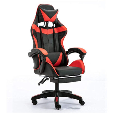 Chaise De Jeu Bureau à Domicile Faux Cuir Coussin Lombaire Appui-tête Pieds Rouge (1/3)