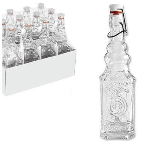Set 12 Pcs. Bouteilles En Verre Carrées Décorées Avec Bouchon Mécanique 150 Ml 108008