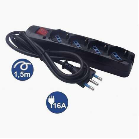 Multipresa 4 Uscite Universali Schuko Spina 16a Cavo 1.5mt Nero Interrutore 80097n (1/3)