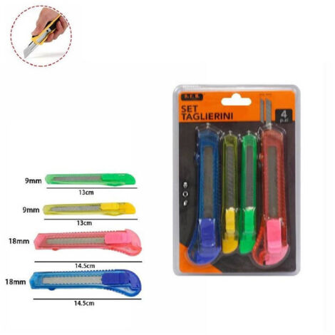 Set 4 Pz Taglierino Cutter Colorati Con Blocco Di Sicureza Lame Da 9-18mm 71080 (1/2)