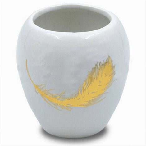 Bicchiere Portaspazzolini In Ceramica Bianca Con Piuma Oro Accessori Bagno 59895 (1/3)