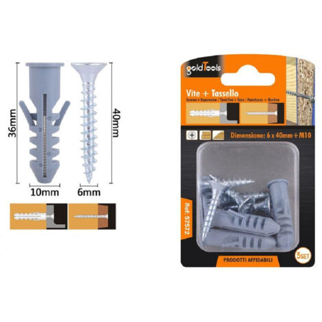 Set 5pz Viti Vite Croce 6x40mm + Tassells Avec Tassello M10 Fischer 57572 (1/2)