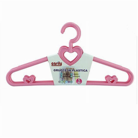 Set 5 Pz Grucce Stampelle Con Cuori Appendiabiti In Plastica Rosa Vestiti 87679 (1/2)