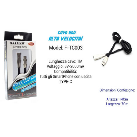 Acvo Usb Type-c Alta Velocita' Per Smartphone 1mt Ampere 5v - 2000ma Maxtech F-tc003 (1/2)