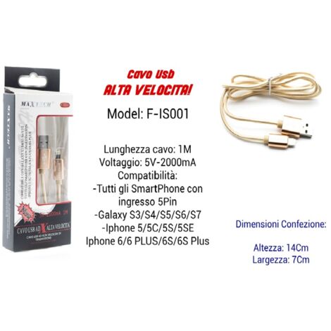 Cable Usb Charge Rapide Iphone Galaxy 5volt-2000ma 1.00mt 5 Pin Maxtech F-is001 (1/3)