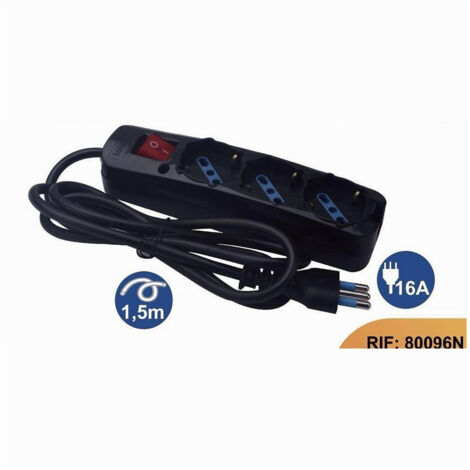 Noir Multiprèse 1.5mt Câble 16a Plug + 3 Sorties Protection De L'enfant Schuko 80096n (1/2)