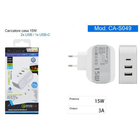 Caricabatterie Da Muro Tzumi 20W Con 2 Porte USB-C E USB-A, Ricarica Veloce Per Smartphone E Tablet