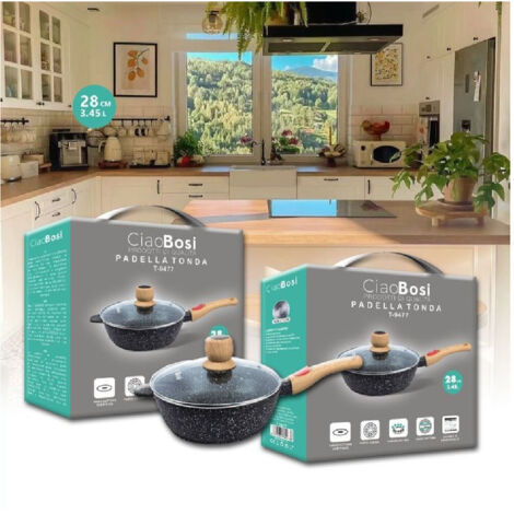 Padella Tonda With Manic In Legno Coperchino In Vetro 28cm 3,45lt Cucina T-9477 (1/5)