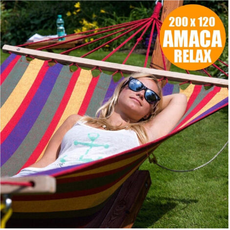 Hamac De Jardin Simple Xl Bois Coton Relax Camping 200x120cm 2 Couleurs (1/5)