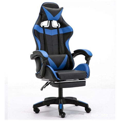 Chaise De Bureau En Faux Cuir Coussin Lombaire Appui-tête Pieds Bleu Noir (1/4)