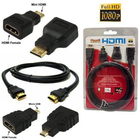 3 In 1 Cavo Hdmi Full Hd 1080p 1.5 M + Mini Hdmi Et Micro Hdmi Dorati