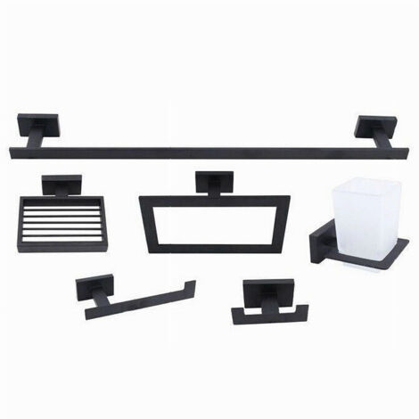 Set Bagno Rettangolare Nero 6pz Porta Asciugamano Rotolo Bicchiere Spazzolino 87262 (1/5)