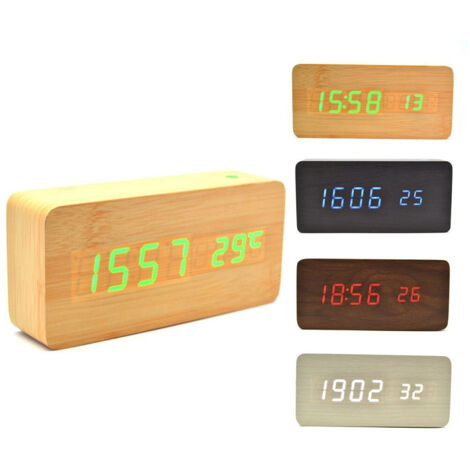 Réveil D'alarme En Bois Lumière Led Horloge Numérique Calendrier Thermomètre (1/5)