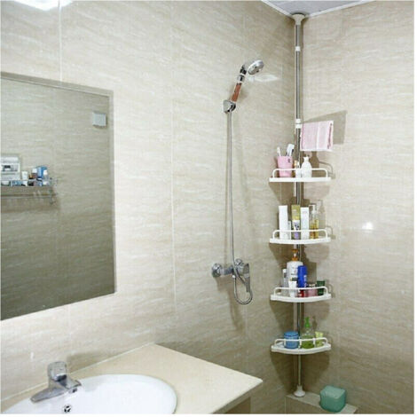 étagère D'angle Pour Salle De Bain Douche étagère D'angle Télescopique 4 étagères Avec Crochets (1/5)