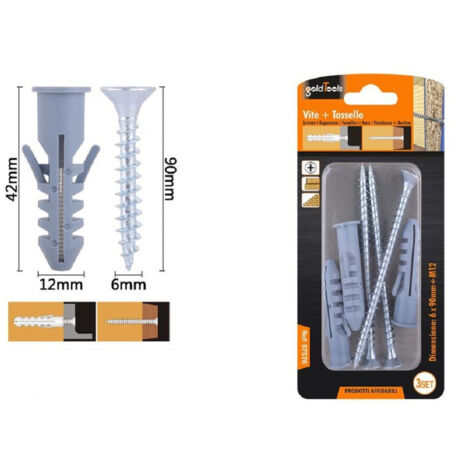Set 3pz Viti Vite Croce 6x90 Mm + Tassells Avec Tassello M12 Fischer 57576 (1/2)