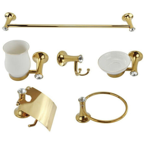 Set 6 Pcs Accessoires De Salle De Bain En Or Et Céramique Avec Des Reflets En Cristal Acrylique