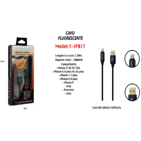 Câble De Charge Fluorescent Pour Iphone Ipad Ipod 1.50mt 5volt - 2000ma Maxtech F-ip017 (1/5)