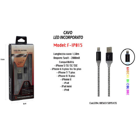 Cable De Charge A Led Integre Pour Iphone Ipad Ipod 5volt-2000ma Maxtech F-ip015 (1/5)