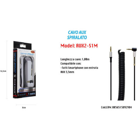 Audio Stereo Aux Spiral Cable 3.5mm Right Angle Smartphone 1m Maxtech Aux2-s1m (1/2)