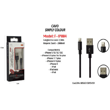 Câble Couleur Pour Iphone Ipad Ipod 5volt - 2000ma 2.50mt Maxtech F-ip004 (1/2)