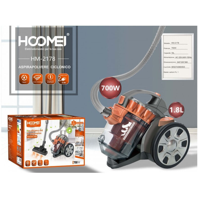XSQUO Aspirapolvere Senza Sacchetto Multi-ciclonico 800W – Silenzioso, Filtro HEPA, Serbatoio 2,1L – Slitta 360°
