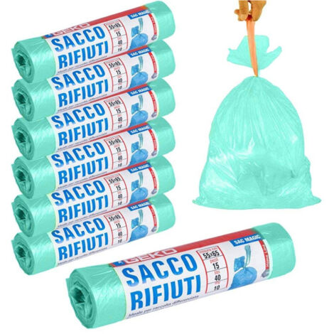 Trade Shop - 7x Rotoli Sacchetti Buste Spazzatura 40lt 55x65cm Chiusura Laccetto Verde 105pz - (1/5)
