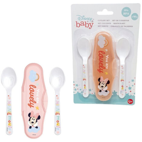 Trade Shop - 2 Cucchiai Per Bambini Prima Pappa Minnie Mouse Rosa Con Astuccio Per Bambini -