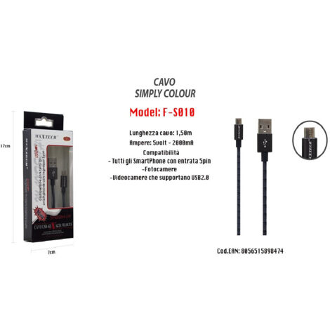 Trade Shop - Cavo Simply Colour Per Smartphone 5volt - 2000ma Lunghezza 1,5mt Maxtech F-s010 - (1/4)