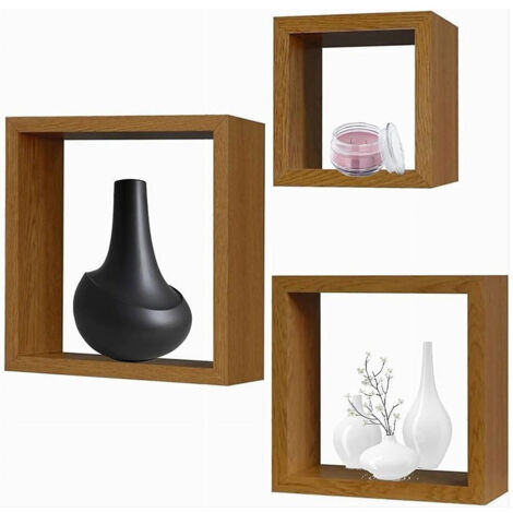 Trade Shop - Set 3pz Mensole Da Parete A Cubo Moderne Design Quadrato Effetto Legno 2 Ripiani - (1/5)
