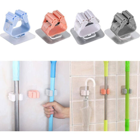 Trade Shop - Set 2 Ganci Porta Scopa Mop Supporto Adesivo Resistente Appendino Bagno Cucina - (1/5)