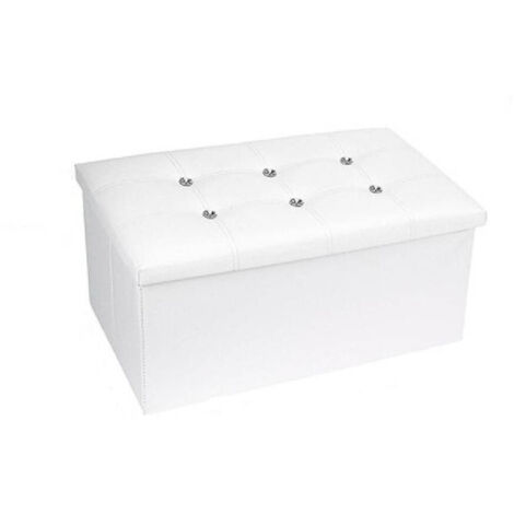 Pouf Portaoggetti Pieghevole In Ecopelle, Panca Contenitore Con Strass, Bianco, Dimensioni 76x38 Cm - 5