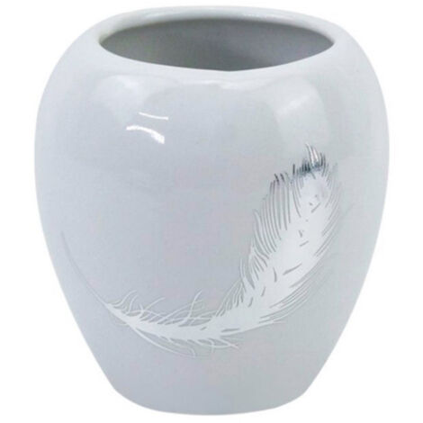 Trade Shop - Cepillo De Dientes Vaso De Cerámica Blanca Decorada Con Pluma De Baño De Plata 59899 - (1/2)