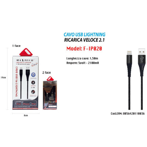 Trade Shop - Usb Cavo 1.5mt Caricabatteria Usb 2.1 Lightning Iphone Ipad Maxtech F-ip020 - (1/4)