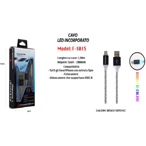Trade Shop - Cavo Di Ricarica Usb Led Incorporato Smartphone Fotocamere 5v-2000ma 1,50mt Maxtech F-s015 - (1/5)