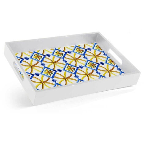 Trade Shop - Bandeja Rectangular De Madera Para Servir 20x26x4cm Con Asas 2 Decoraciones De Mosaico 822124 -
