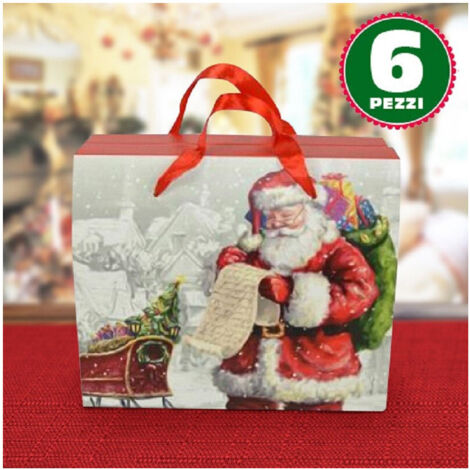 Trade Shop - 6 Scatole Da Regalo Stampa Babbo Natale Classico Manici Rossi 23 X 12,5 X 27,5cm - (1/2)