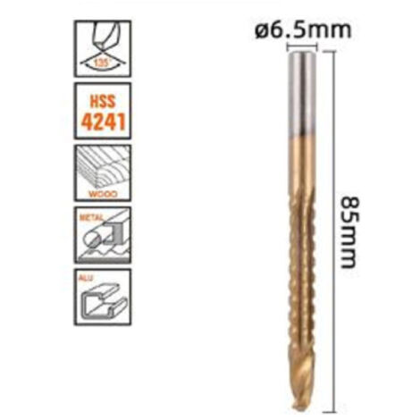 Trade Shop - Broca Helicoidal ø6.5mmx85mm Titanio Hss 4241 Para Metal Madera 57151 - (1/2)