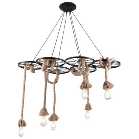 Trade Shop - Lampadario A Sospensione Con Corde Canapa 6 Portalampada E27 Retrò Country A89-6 - (1/5)
