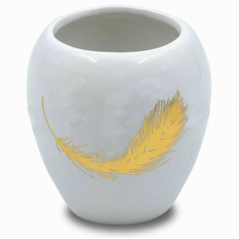 Trade Shop - Bicchiere Portaspazzolini In Ceramica Bianca Con Piuma Oro Accessori Bagno 59895 - (1/3)