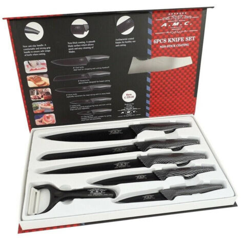 Trade Shop - Set 5 Coltelli Da Cucina In Acciaio Effetto Carbonio Piu Pelapatate -