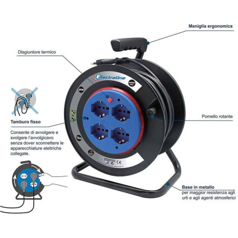 Avvolgicavo Elettrico 15 Metri Con 4 Prese Polivalenti - Spina Italiana 16A, Cavo Flessibile, Per Casa E Cantiere