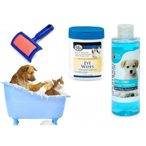 Trade Shop - Kit Pulizia Cani Shampoo Neutro Salviettine Spazzola Cardatore Lavaggi Frequenti - (1/2)