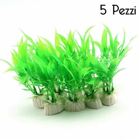 Trade Shop - Set 5 Pianta 12 Cm Piantina Artificiale Per Acquario Piante Finte Plastica Verde -